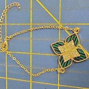 Green Rhinestone Gold Tone 7" + 2" Extension Bracelet